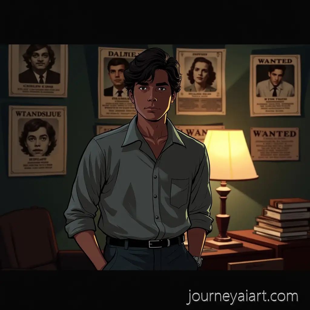 Frank-Abagnale-Jr-Surrounded-by-FBI-Wanted-Posters-inFrank-Abagnale-Jr-Illustration-Dramatic-1960s-Office-Setting