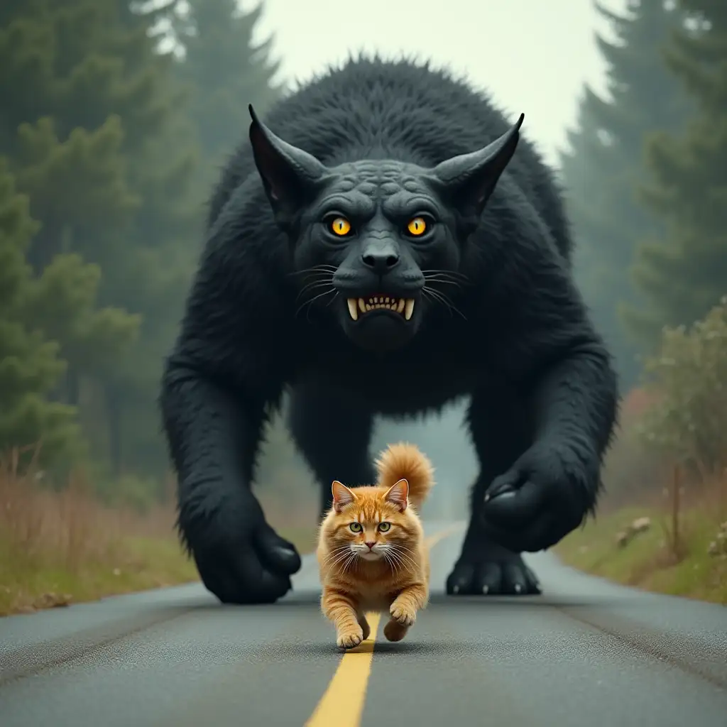 A huge black RAM TRX is chasing a shaggy ginger cat, who runs in horror along the road, one eye blue, the other yellow, computer graphics