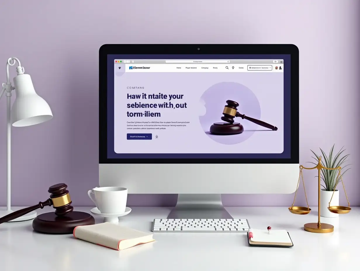 A neat digital workspace with a computer screen showing a law firm's website builder interface (Elementor style), surrounded by legal items (gavel, scales, law books) in a soft purple and white theme. Calm and professional.