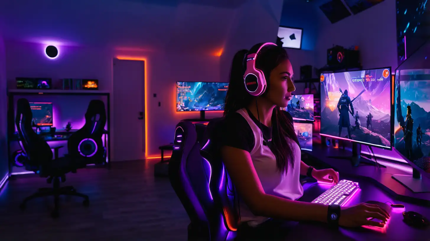 Vibrant Gamer Room with Orange and Purple Lighting