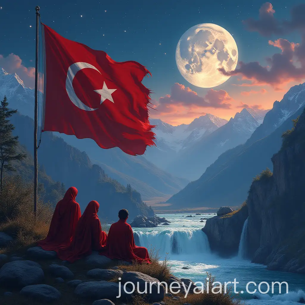 Dervishes-in-Circle-with-Daff-Players-at-Mountainous-River-with-Red-Caliphate-Flag-and-Full-Moon