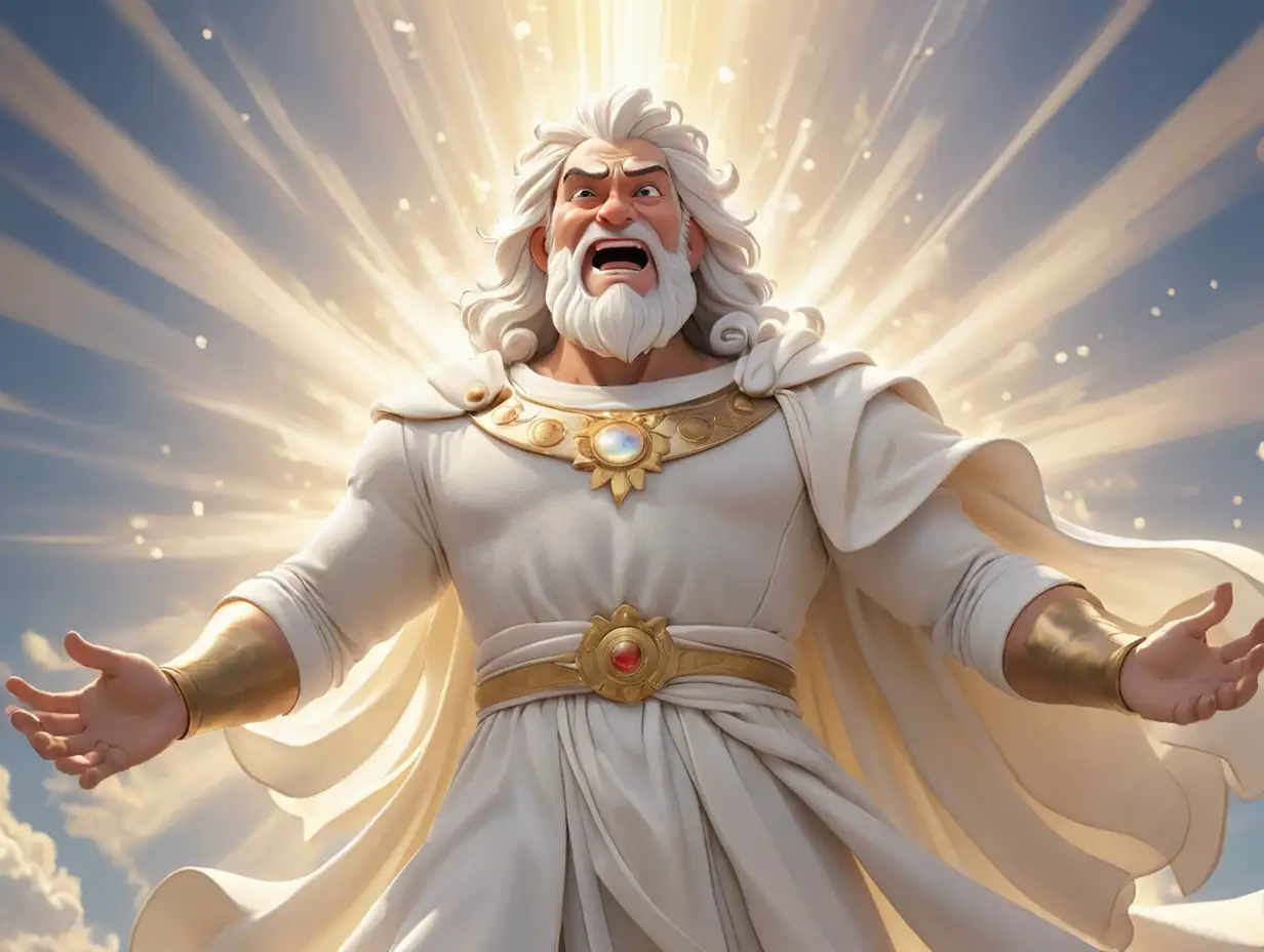 a god dressed in white, surrounded by a radiant light. The background should be a sky, 3d disney inspire