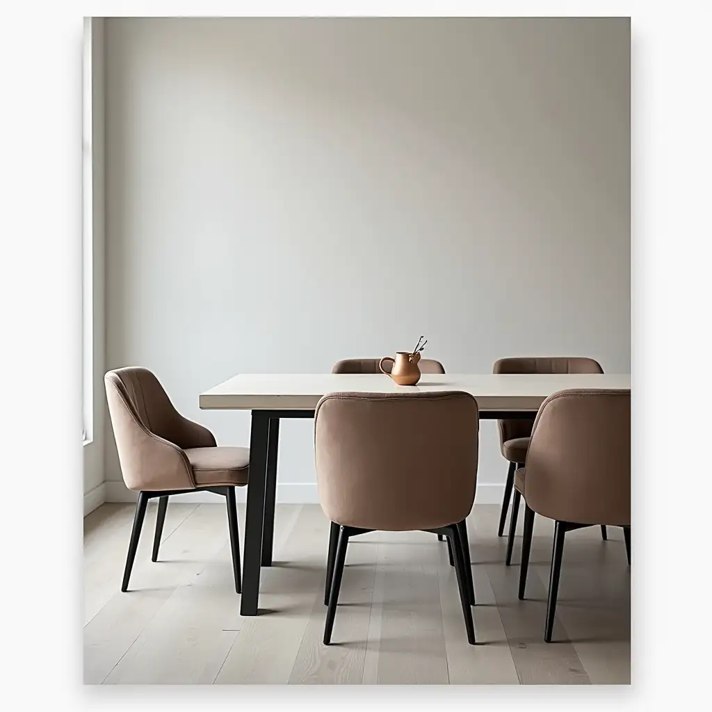 a dining table with a ceramic countertop combined with soft chairs on metal legs in a minimalist interior cover for a catalog