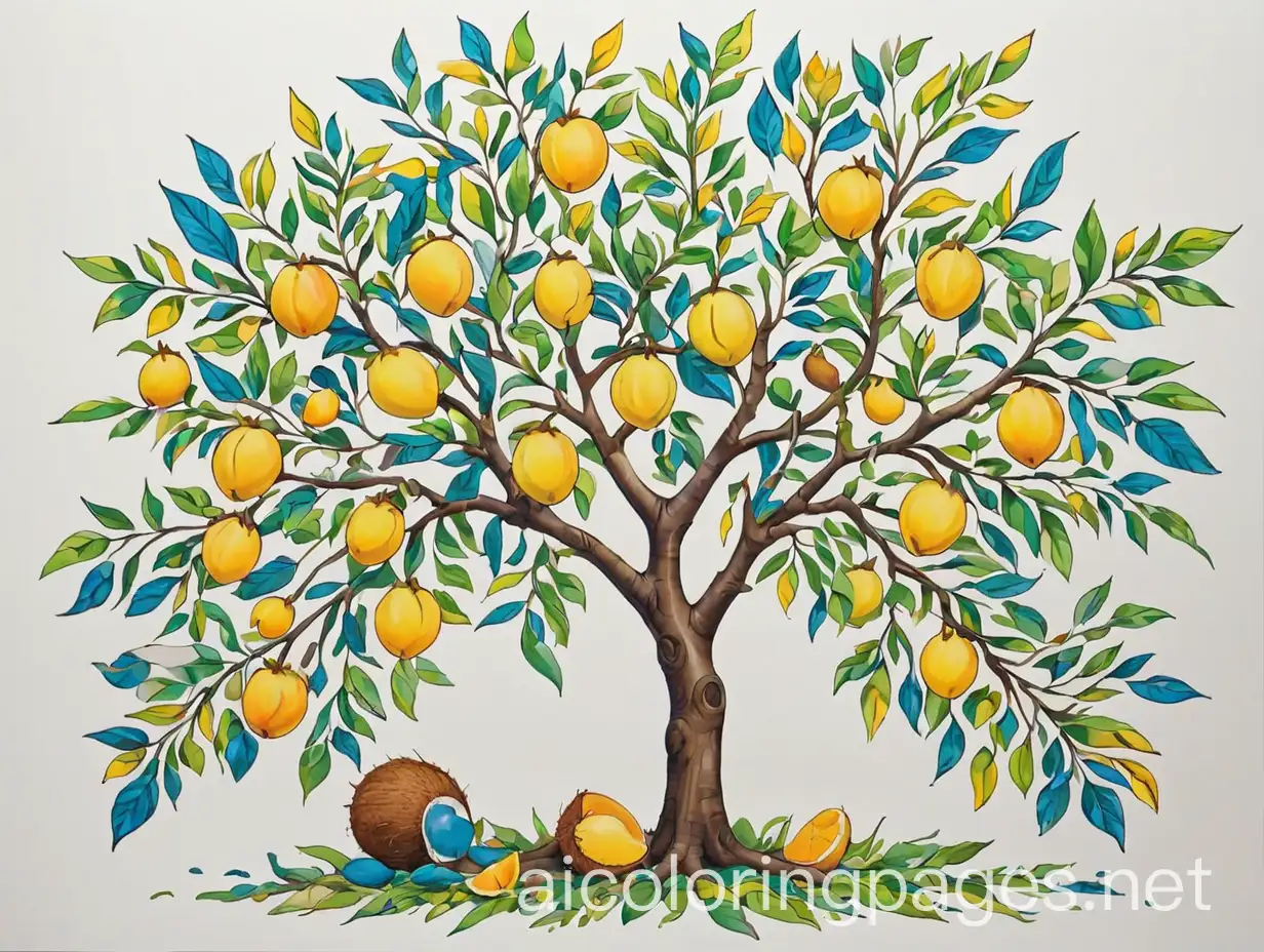 Whimsical-Tree-with-Colorful-Leaves-and-Unique-Fruits-for-Kids-Coloring