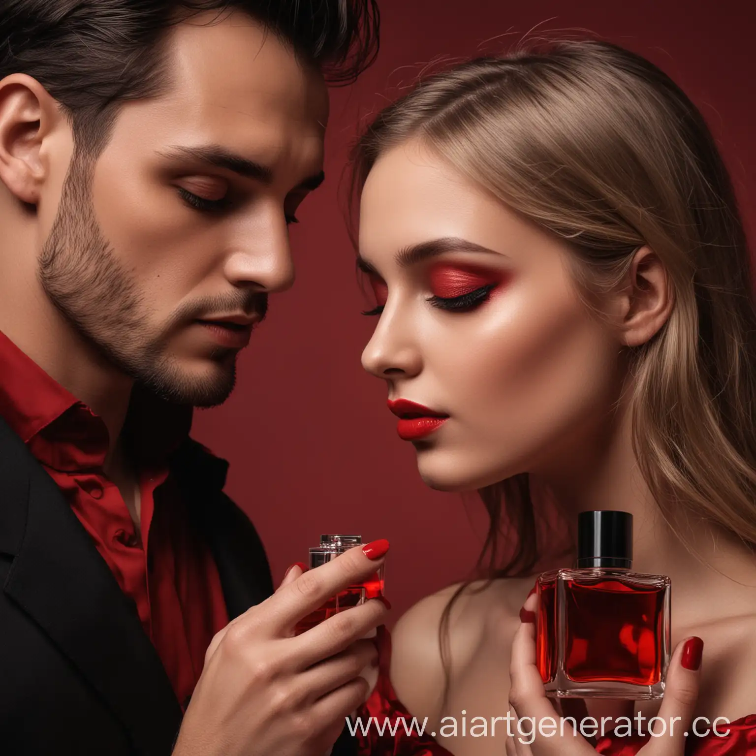 a man and a girl with perfume in red and black tones