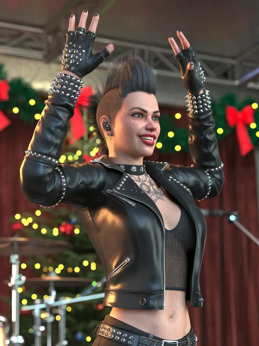 Punk-Woman-Showing-Rock-Hands-Against-a-New-Years-Holiday-3D-Backdrop