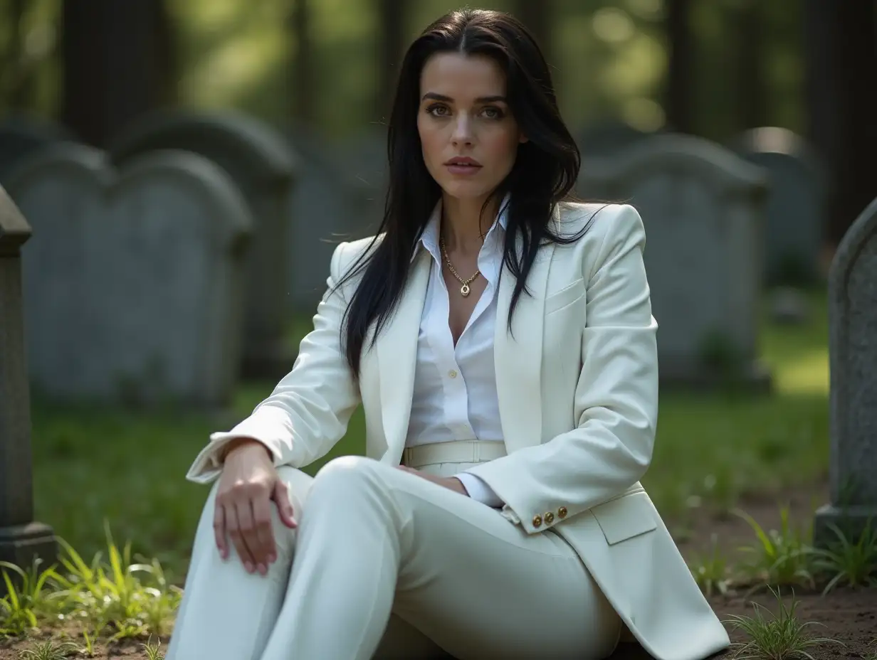 Teagan-Croft-as-Lucifer-in-Sharp-White-Suit-Sitting-in-Graveyard