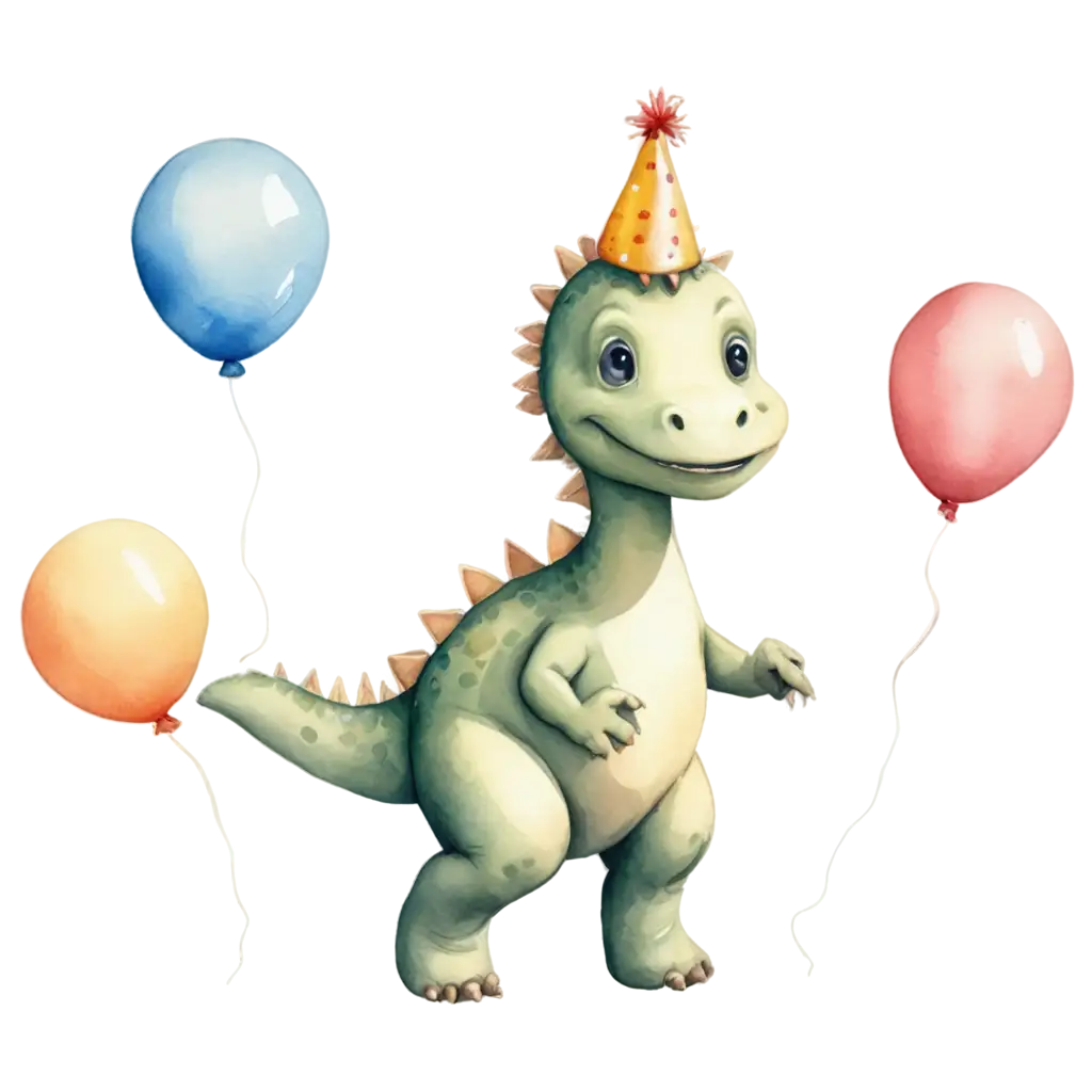 Watercolor-Baby-Dinosaur-with-Party-Hat-and-Balloons-PNG-Cute-Birthday-Theme-with-Transparent-Background