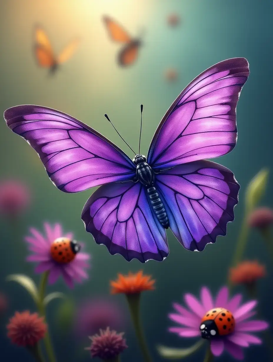 Generate an image of a vivid purple butterfly in the foreground, with delicate details on its wings. In the background, include ladybugs and other brightly colored butterflies, creating a happy and lively atmosphere. The colors should be intense and vibrant, conveying a sense of exuberant and colorful nature