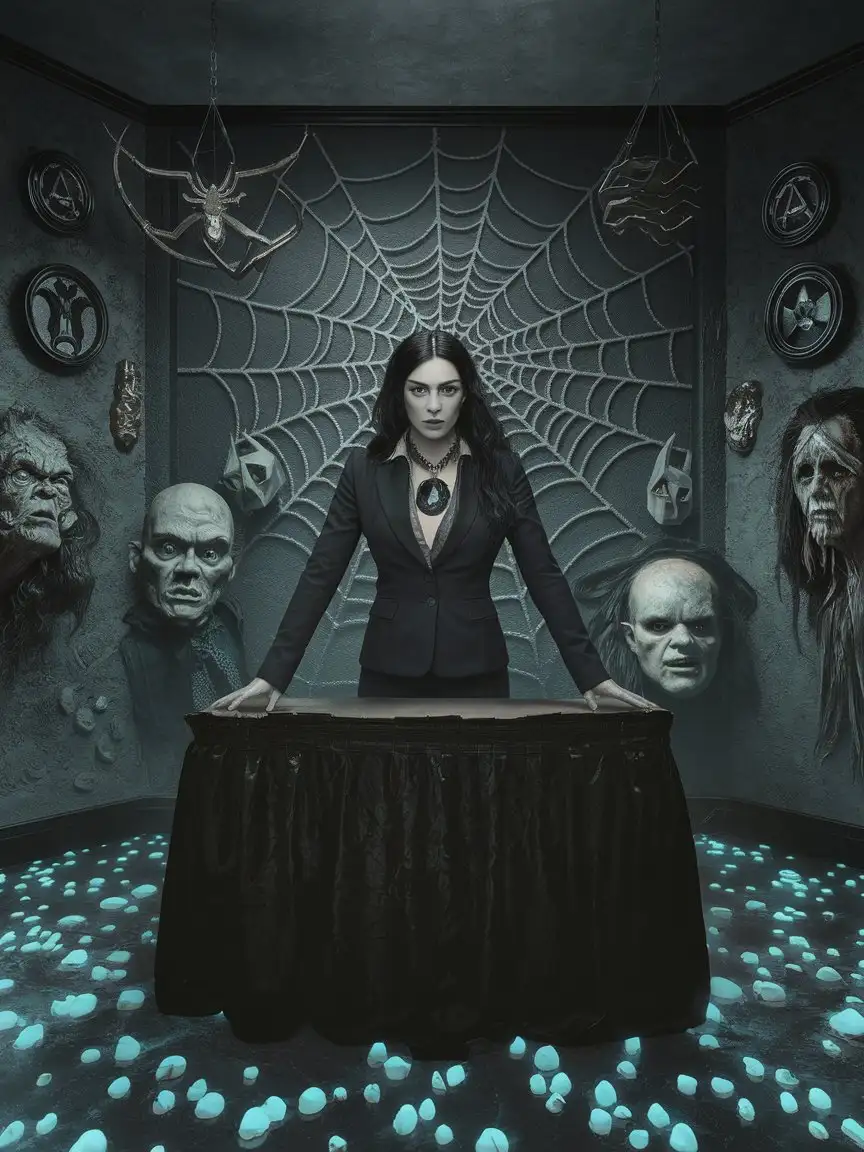 Photograph of an eerie businesswoman dressed in dark business suite, standing behind a table with magical signs, spider web and deformed faces on walls, eerie atmosphere, dark and gloomy, realistic, highly detailed