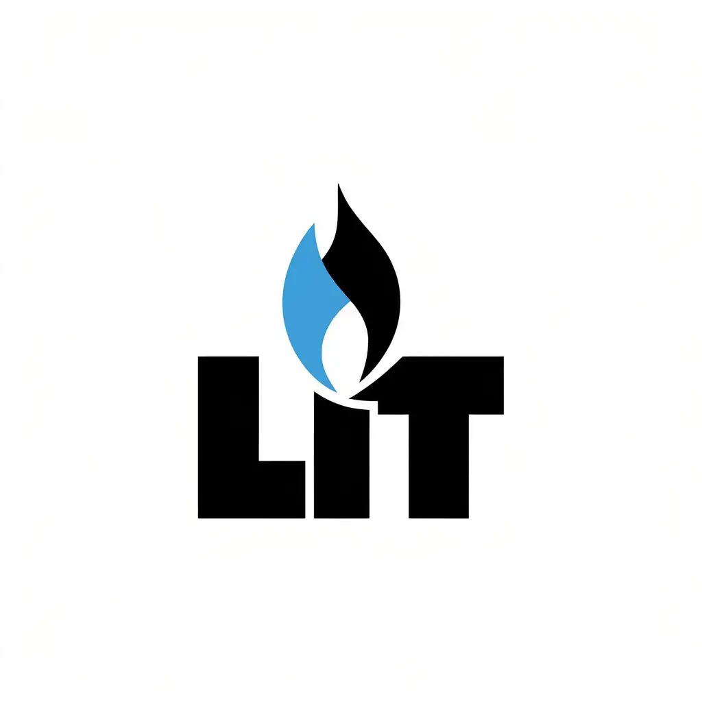 a vector logo design,with the text "LIT", main symbol:capital block letters LIT with a two-toned blue flame above the I,Minimalistic,clear background