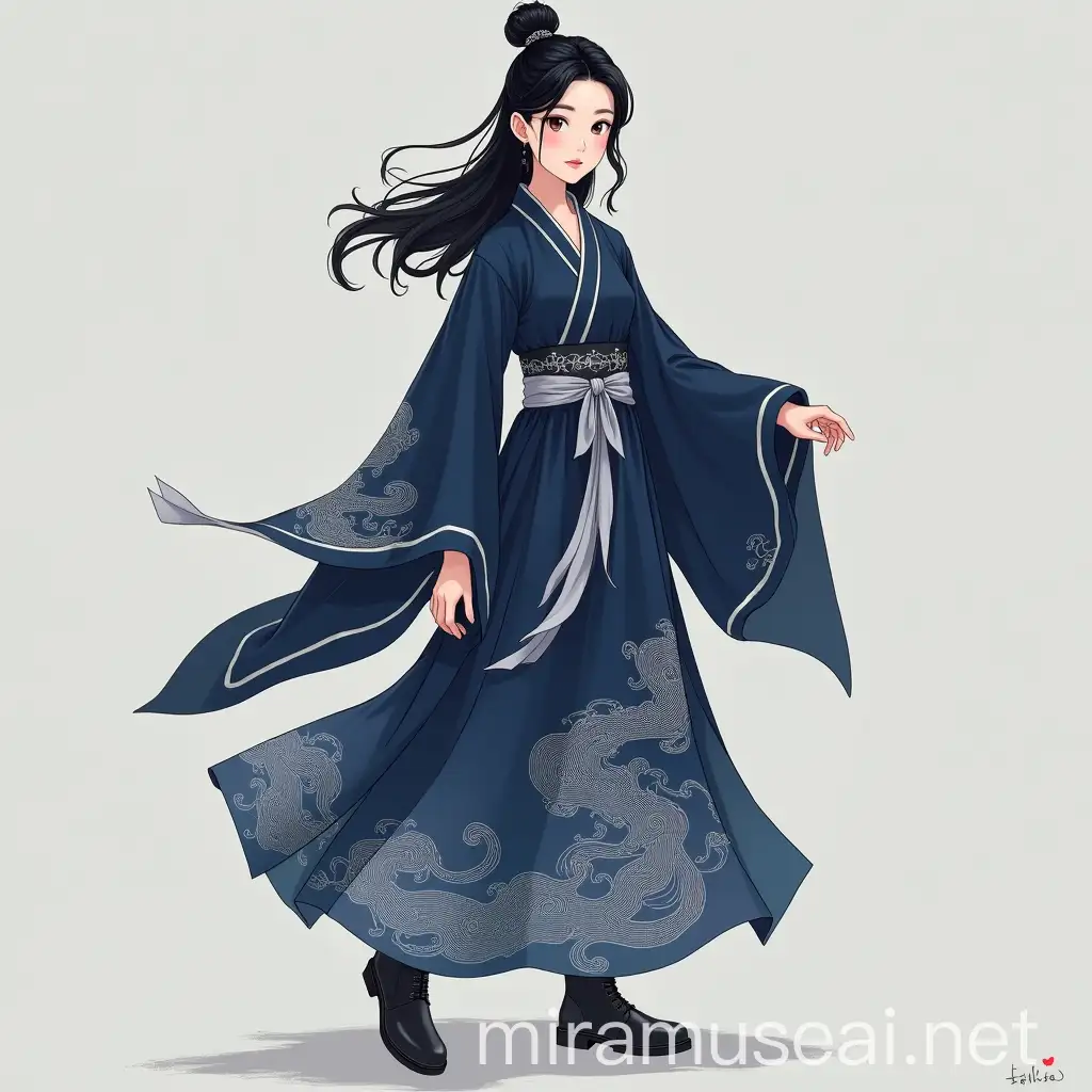 Chinese Girl in Midnight Blue Silk Robe with Silver Embroidery