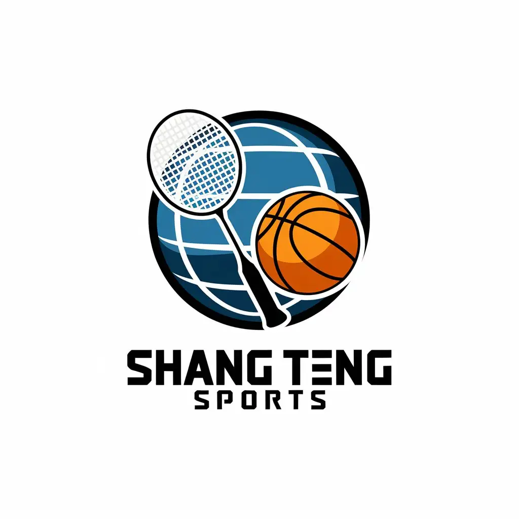 a vector logo design,with the text "Shang Teng Sports", main symbol:Badminton, Basketball, S, T, Air bladder room,Moderate,be used in Sports Fitness industry,clear background