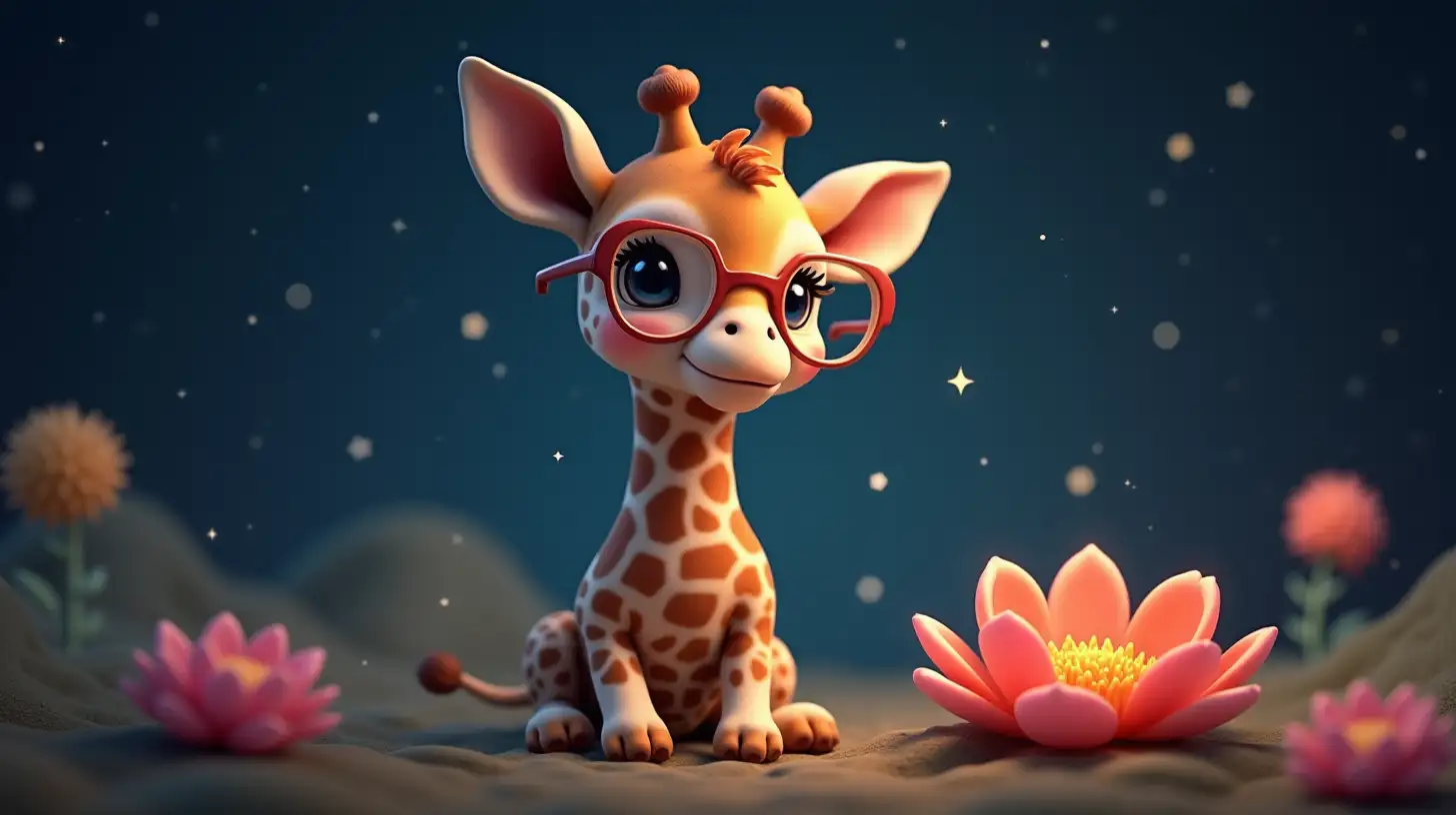 Baby Giraffe in Space with Glasses Surrounded by Stars and Flowers