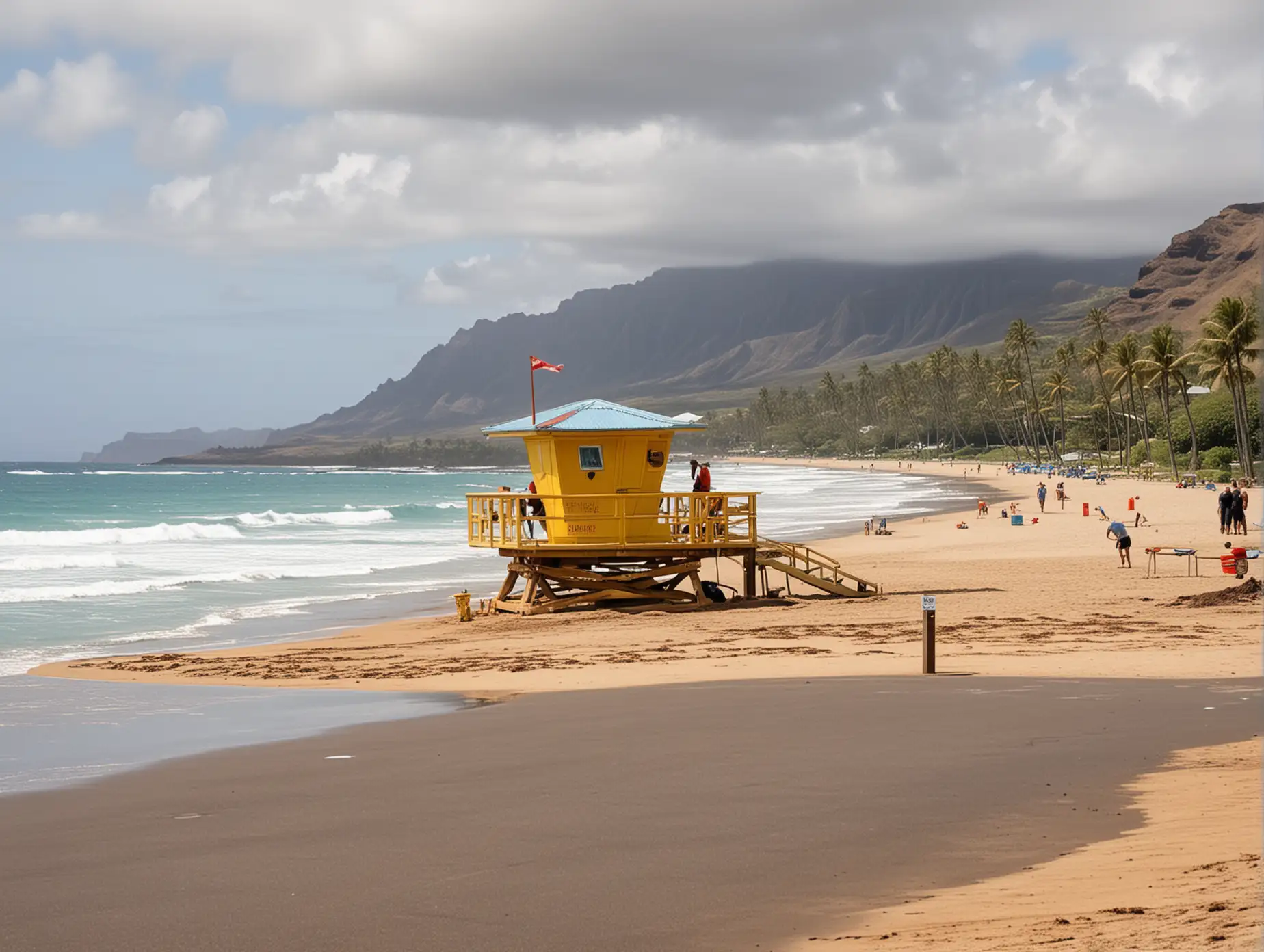 hawaiian beach front,parking lot,surfers in background,life guard stand