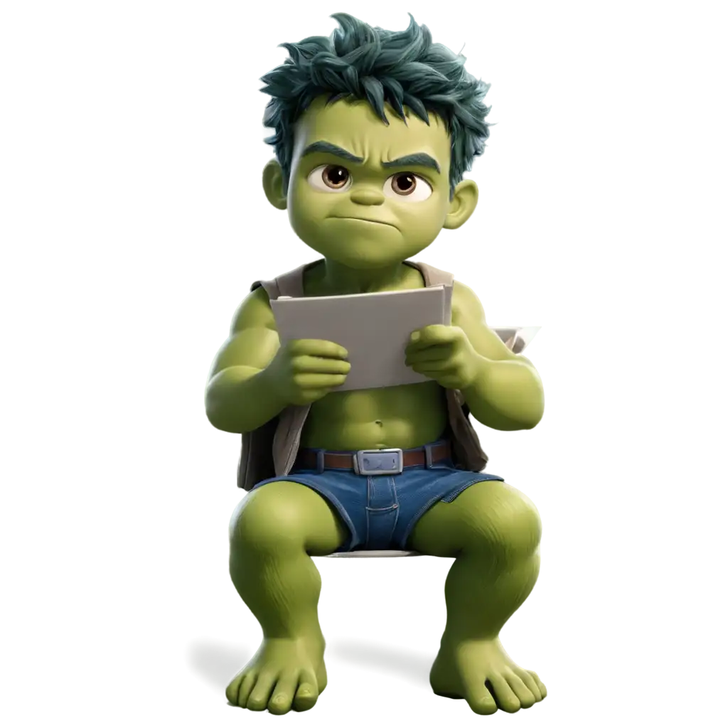 Animated baby Hulk, sitting, with worker's outfit and writing in a notebook.