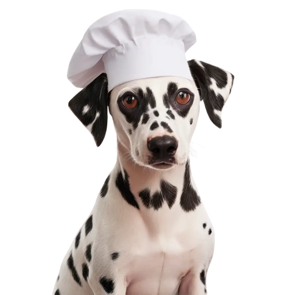 A dalmatian with a chef hat in the kitchen