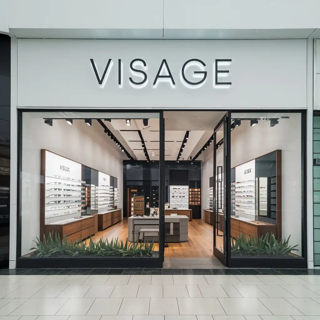 Modern-Designer-Glasses-Store-Front-in-Mall-with-VISAGE-Signage