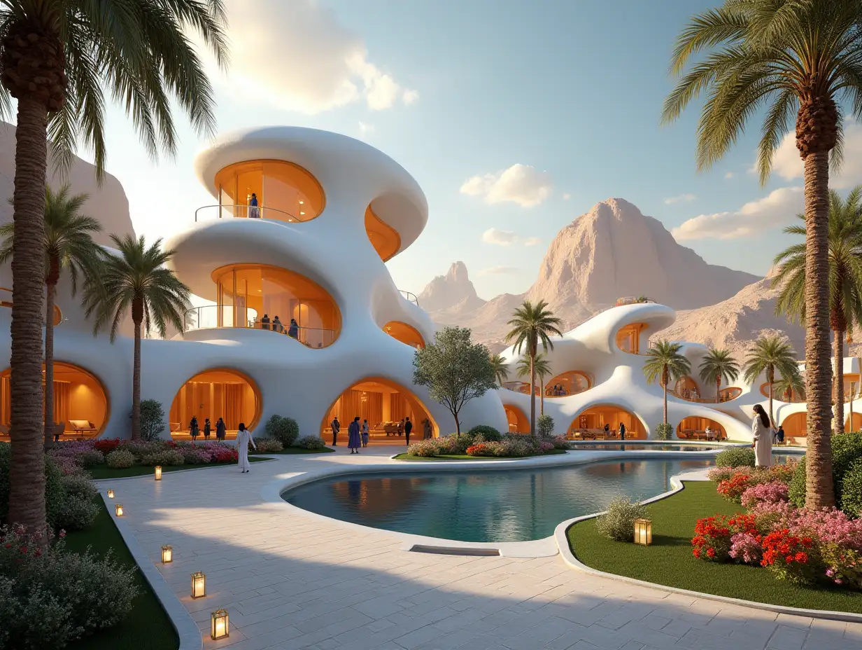 Create a high-resolution, realistic panorama image of a futuristic serpentine palace with window bridge, one and one with people, many plants and colorful flowers white and orange facades before sidewalk lit lanterns desert oasis, large trees, very cloudy sky