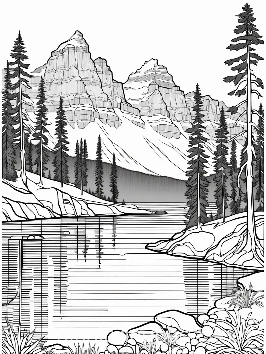 Canadian Rockies and wildlife, Coloring Page, black and white, line art, white background, Simplicity, Ample White Space. The background of the coloring page is plain white to make it easy for young children to color within the lines. The outlines of all the subjects are easy to distinguish, making it simple for kids to color without too much difficulty, Coloring Page, black and white, line art, white background, Simplicity, Ample White Space. The background of the coloring page is plain white to make it easy for young children to color within the lines. The outlines of all the subjects are easy to distinguish, making it simple for kids to color without too much difficulty