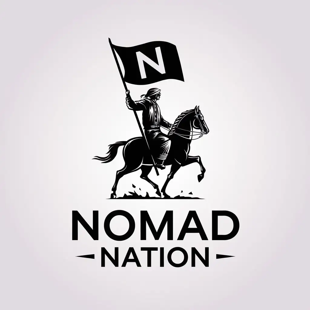 LOGO Design for Nomad Nation Vector Logo Featuring Galloping Nomad on Horse with Flag