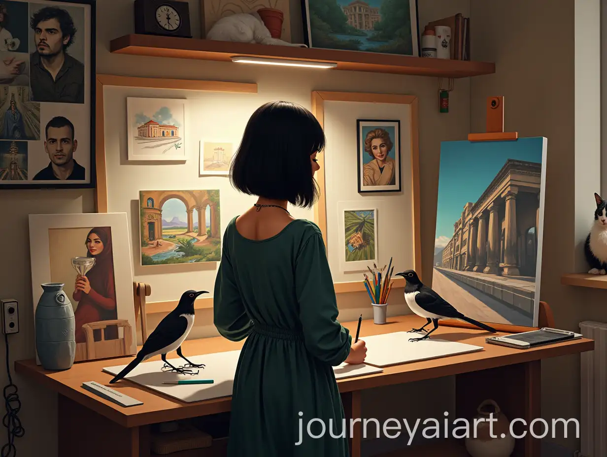 Young-Graphic-Designer-in-Cozy-Art-Studio-with-IranianInspired-Dress-and-Pets