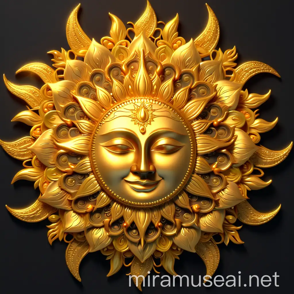 Realistic 3D Gold Mandala Sun Face on Transparent Background