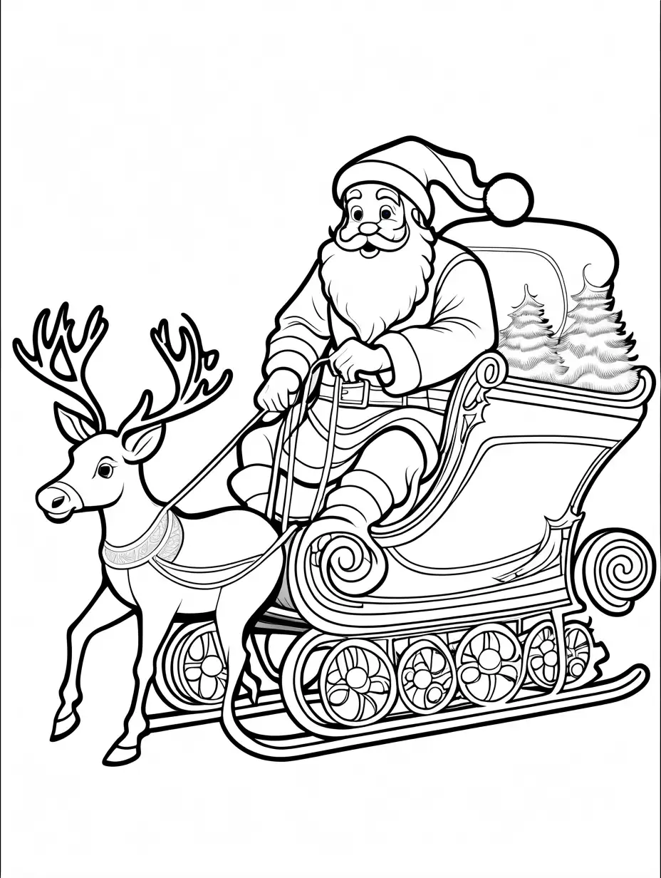 Santa Claus with his sleigh and reindeer, Coloring Page, black and white, line art, white background, Simplicity, Ample White Space. The background of the coloring page is plain white to make it easy for young children to color within the lines. The outlines of all the subjects are easy to distinguish, making it simple for kids to color without too much difficulty