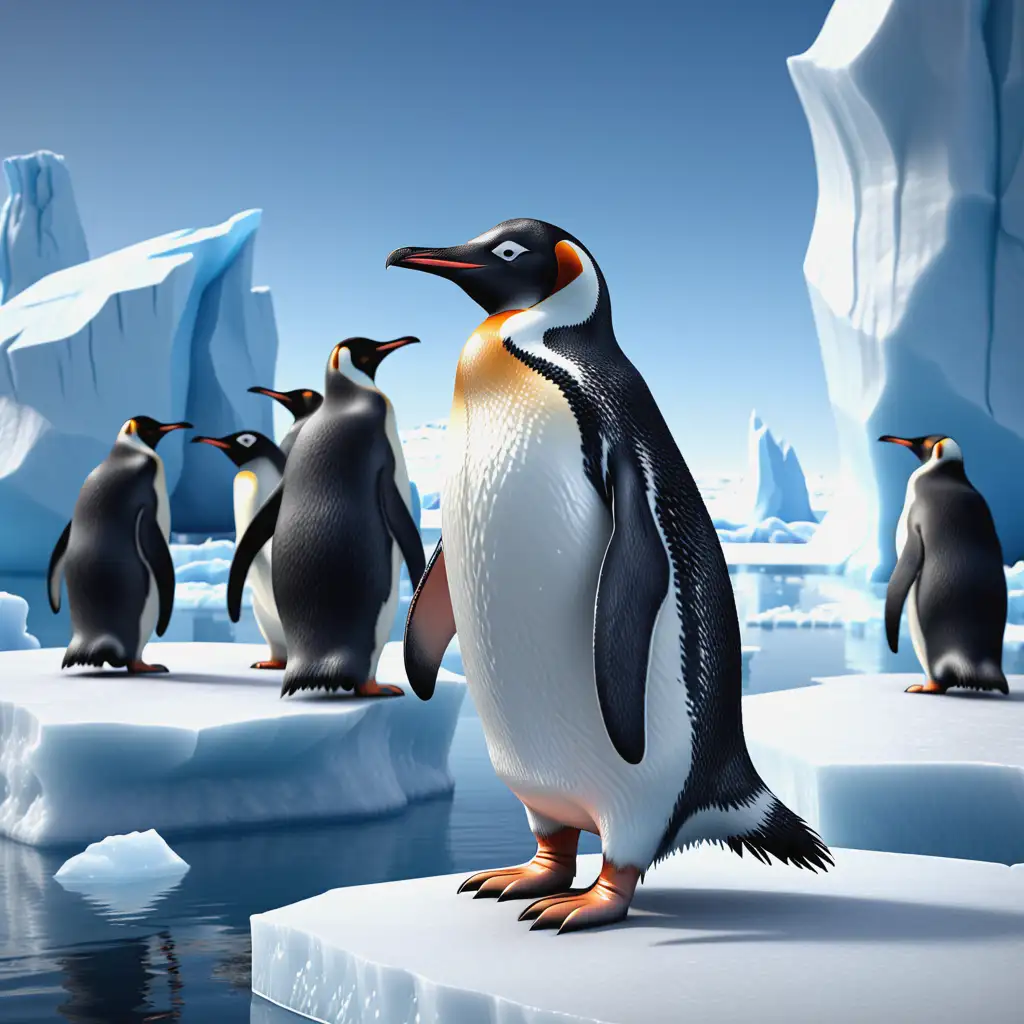 Realistic Penguin Standing on Ice Floe with Iceberg Background