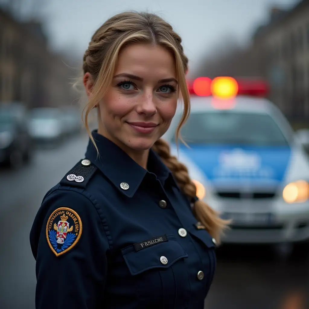 Beautiful woman, round-faced blonde, freckles on cheeks, plump lips, smiling, hair gathered in a freely hanging braid, almond-shaped bright blue eyes, dressed in the uniform of the Russian Federation police, stands opposite a patrol car with sirens