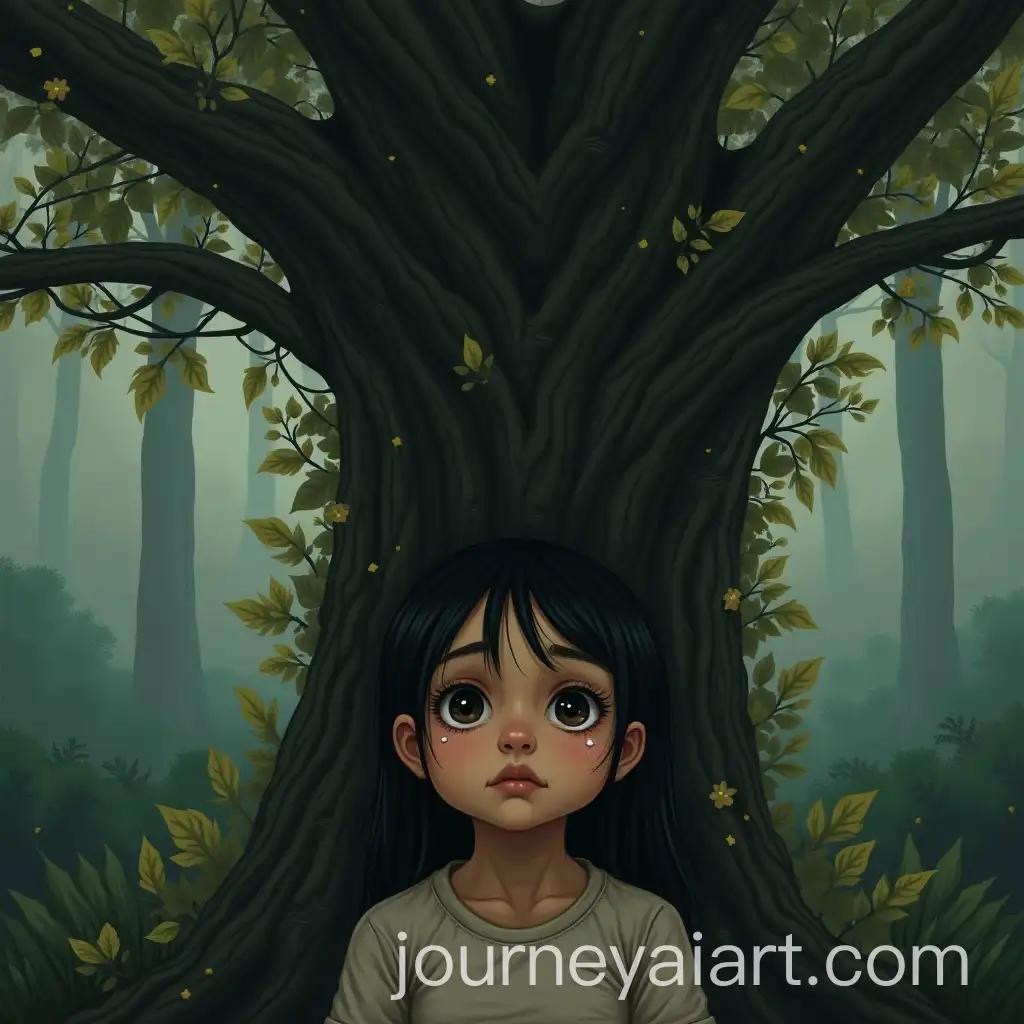 Girl-in-Forest-Surrounded-by-Towering-Trees-with-Tears-in-Her-Eyes