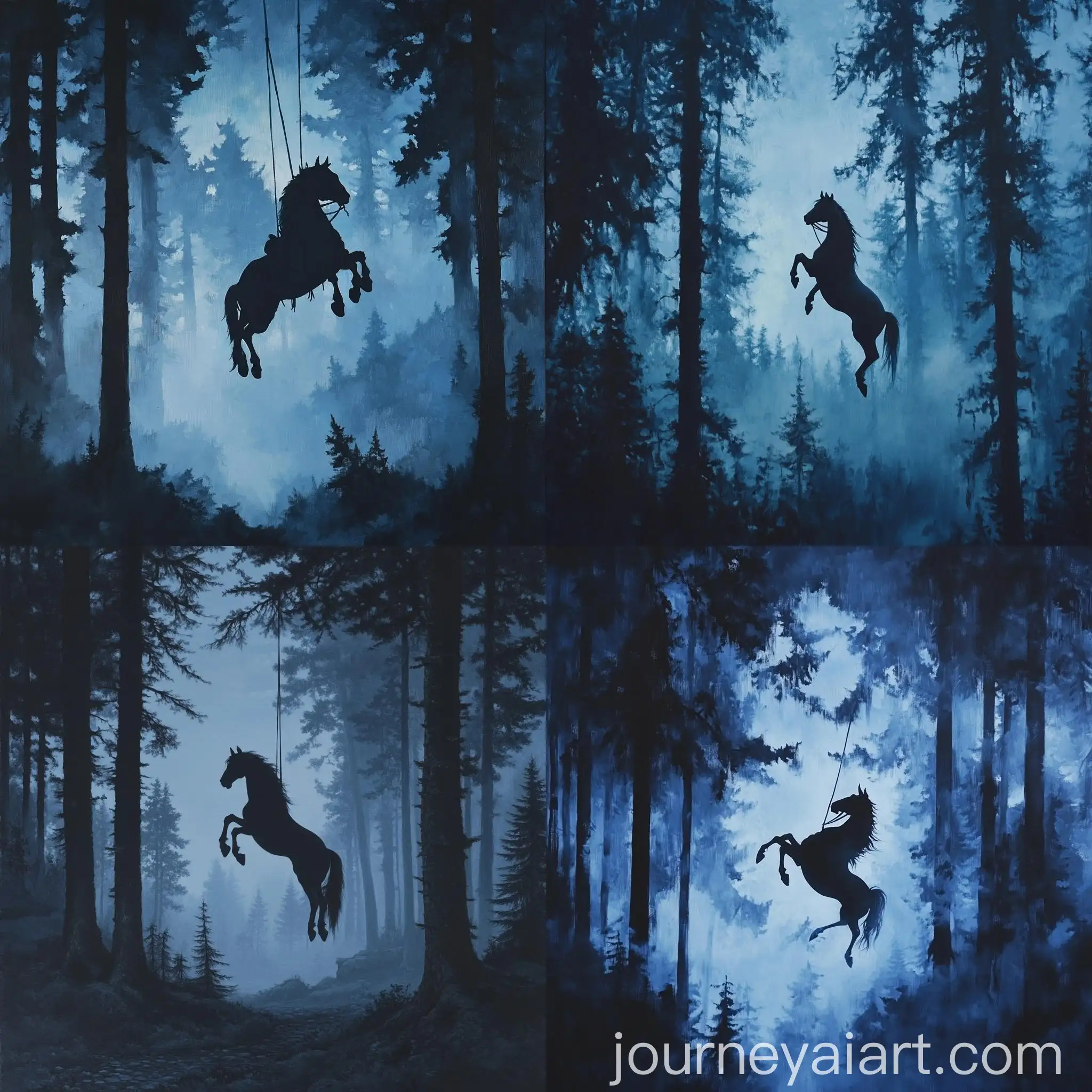 Misty-Sequoia-Grove-Centaur-Silhouette-Hanging-Scene-in-Detailed-Oil-Painting