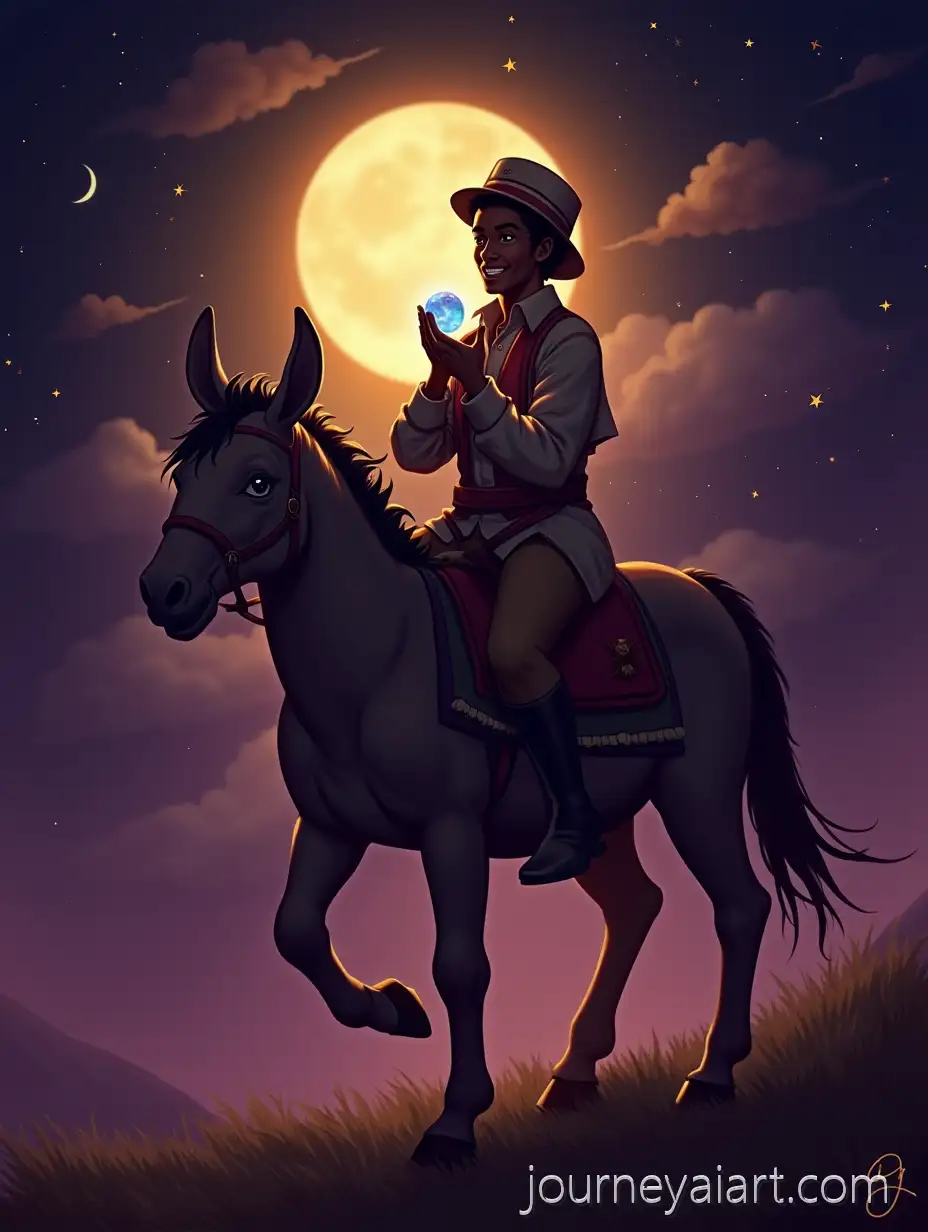 Jaha-Riding-a-Donkey-with-Crystal-Ball-Under-a-Magical-Sky