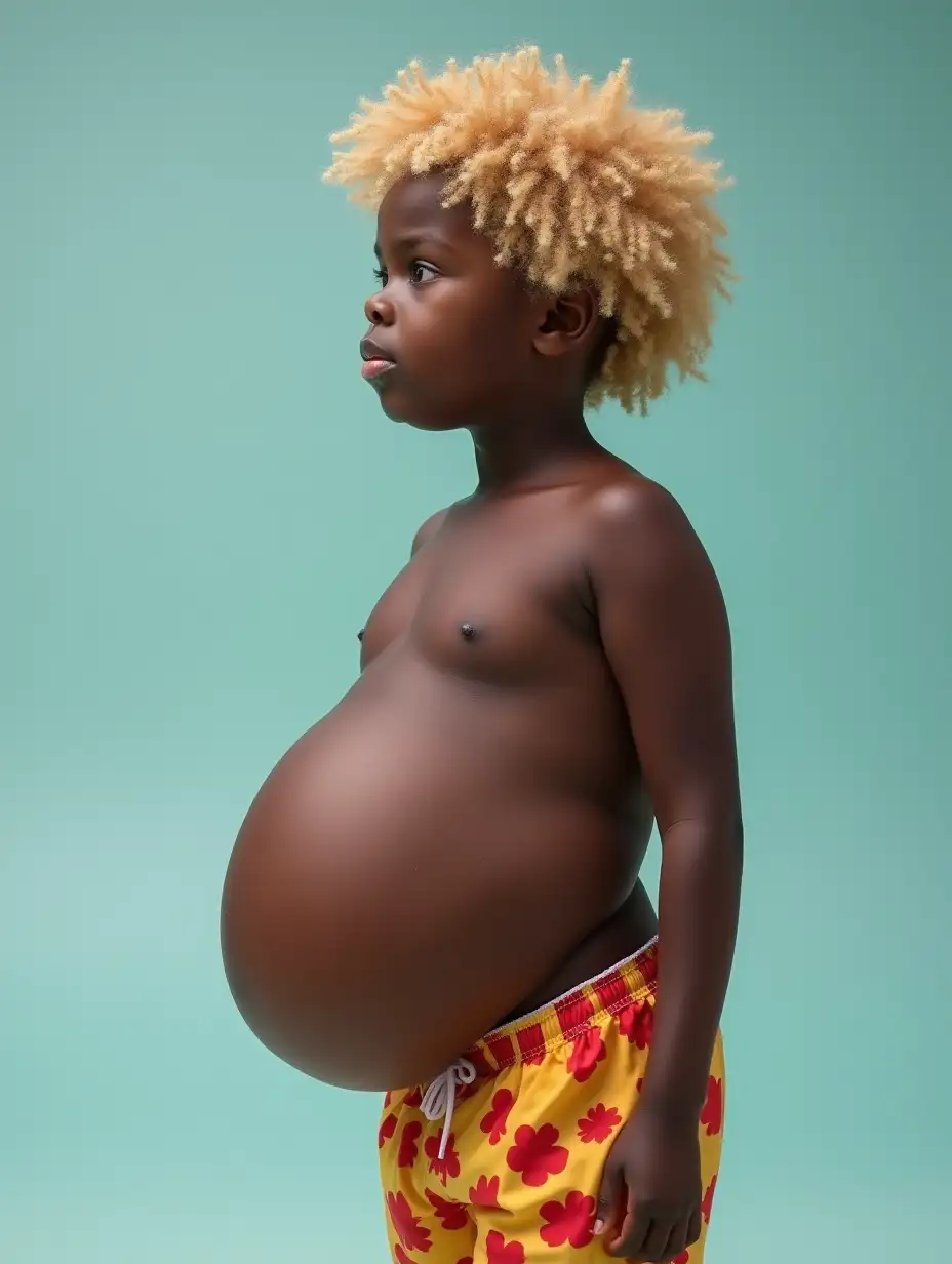 Cute-Young-Ebony-Boy-with-Bloated-Belly-and-Curly-Blonde-Hair-in-Swimming-Shorts