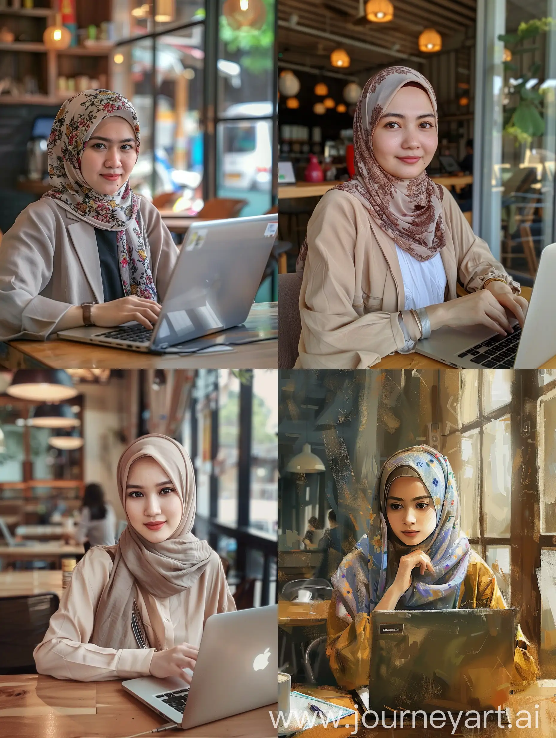 Young-Indonesian-Woman-in-Stylish-Attire-Working-on-Laptop-at-Cafe