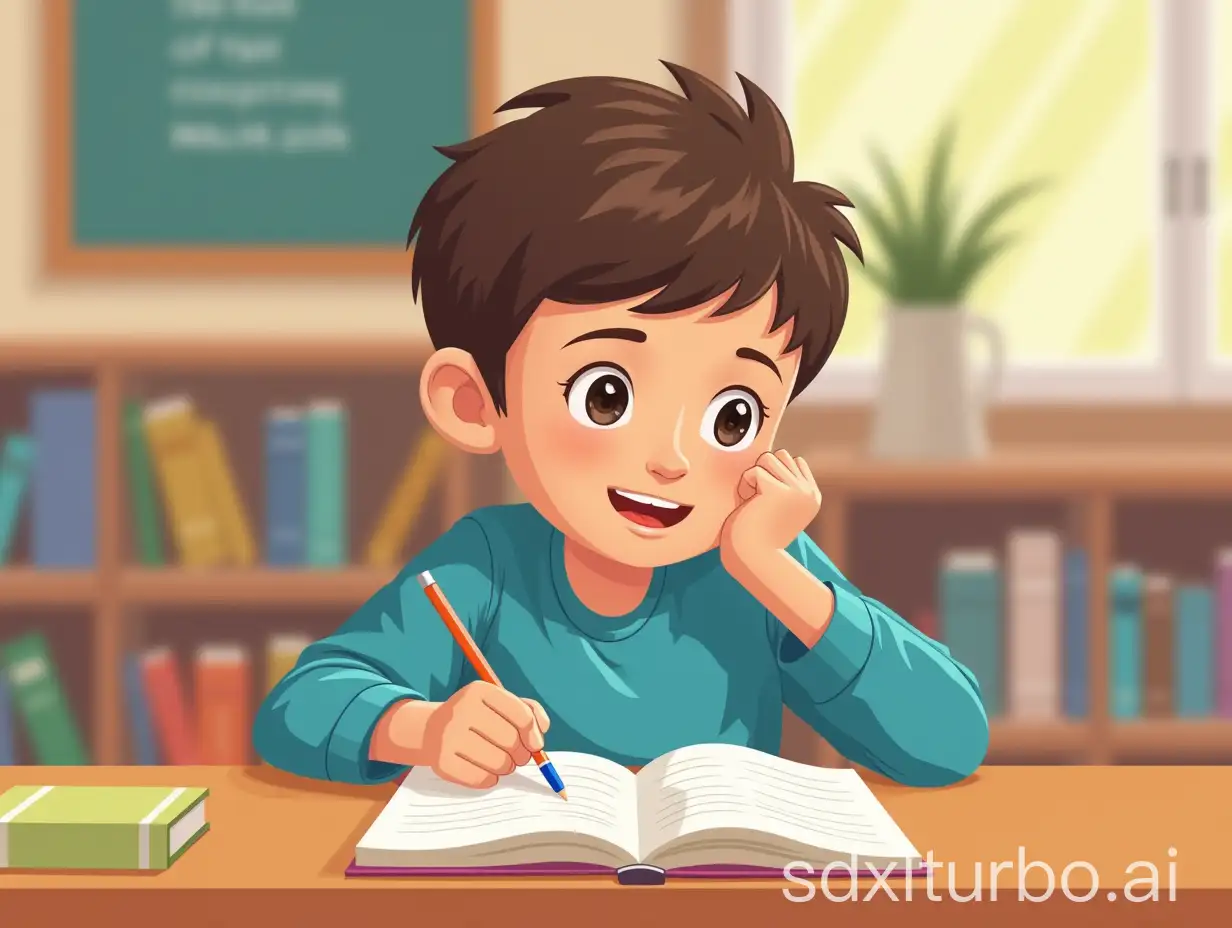 a vector image of a boy sitting on his study table and writing on notebook