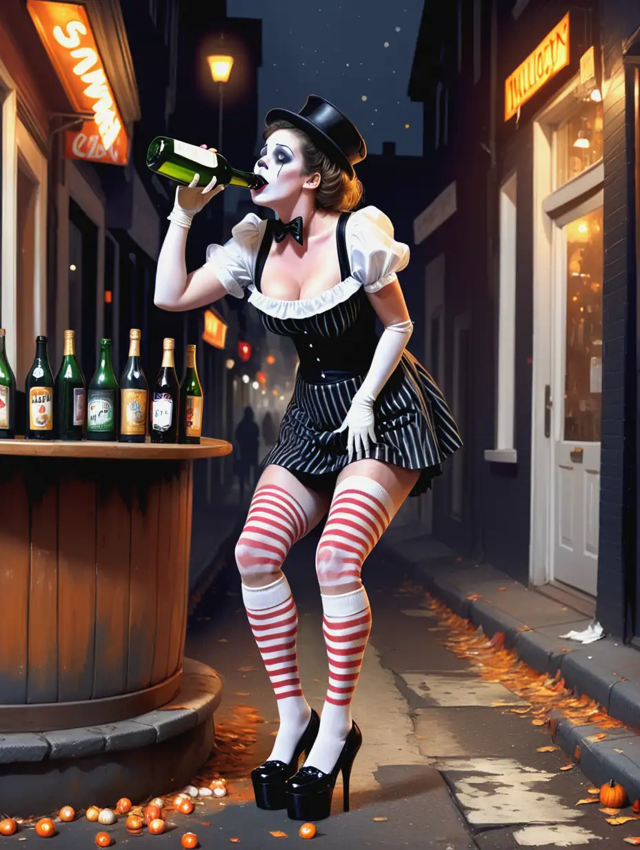 Tipsy-Woman-in-Halloween-Mime-Costume-on-Bar-Street-at-Night