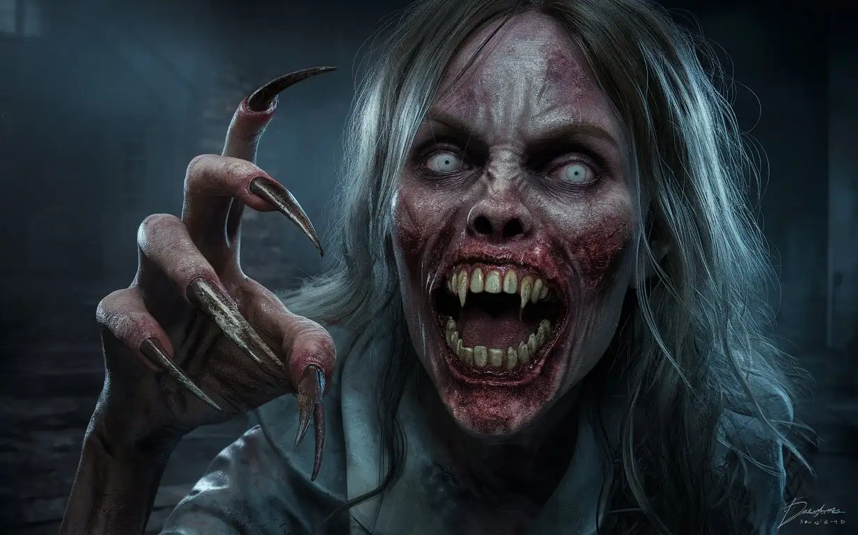 A terrifying ugly, rotten zombie woman creatures opened mouths with sharp row teeth stretches out their long-pointed fingernailed like claws hands, Hyperrealism, cinematography, high detail, photorealistic, high quality, photorealistic, aggressive, gloomy atmosphere, realism, minute details, detailed nails, horror, atmospheric lighting, full anatomical study, photorealism, detail, texture, gloomy, frightening, night scene, tense, creepy, undead, creepy, sinister, atmospheric lighting, nightmare, grotesque, horror, realistic anatomy, the close up