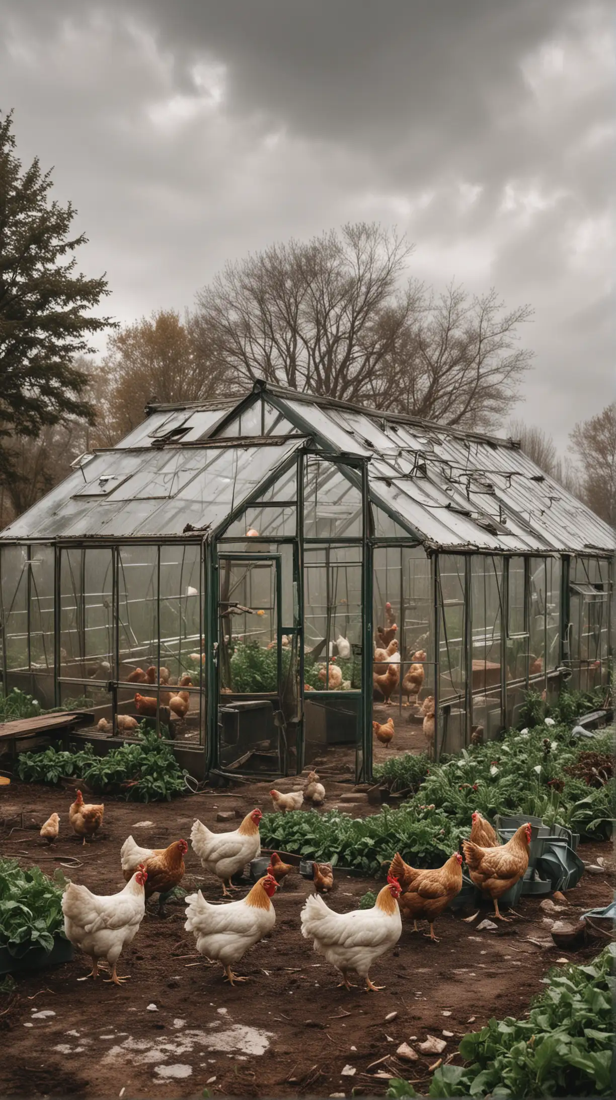 Greenhouse with Chickens on a Homestead in an Apocalyptic Landscape