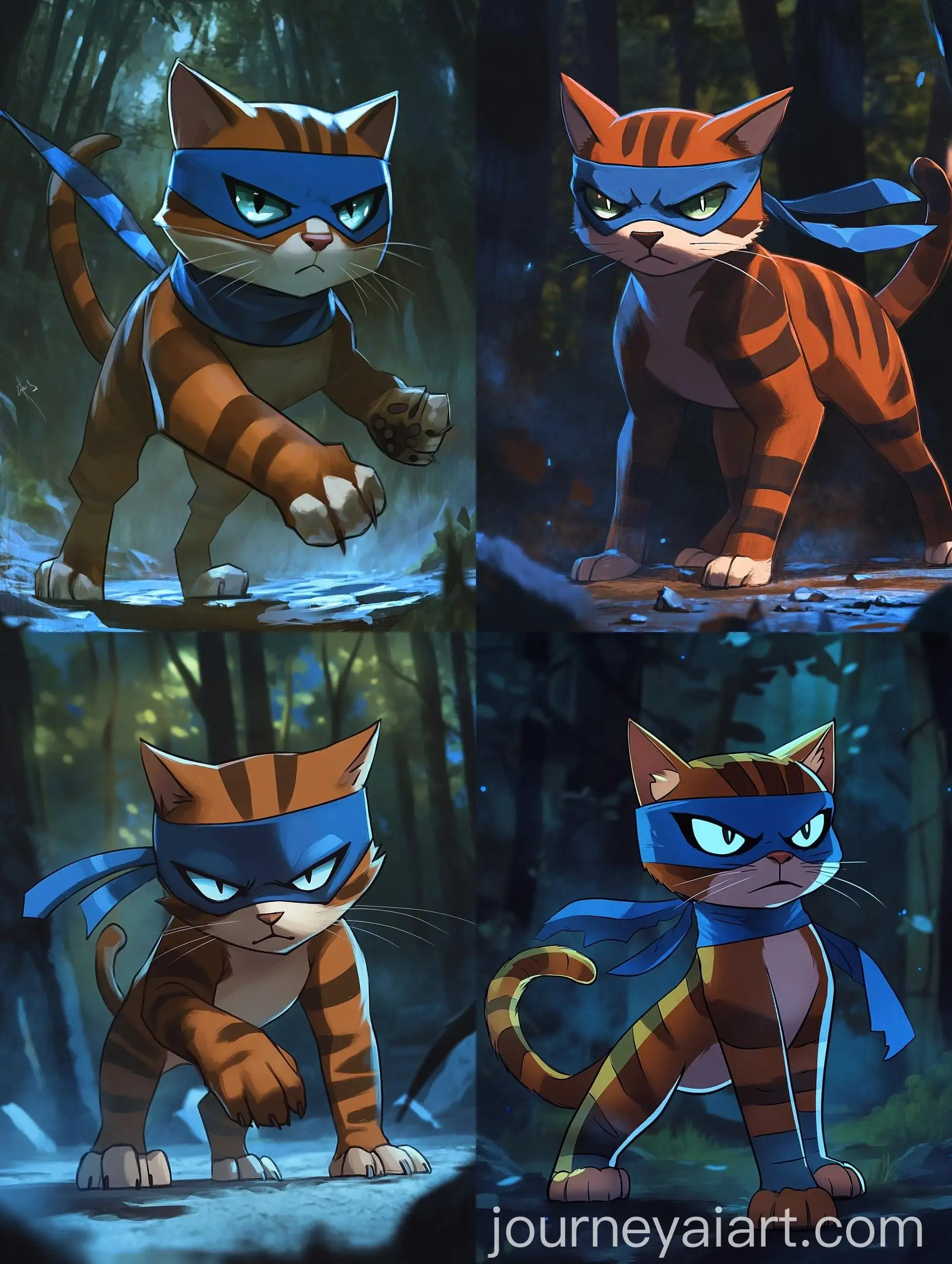 Angry-Ninja-Cat-in-Cartoon-Style-with-Blue-Bandana-and-Dark-Trees-Background