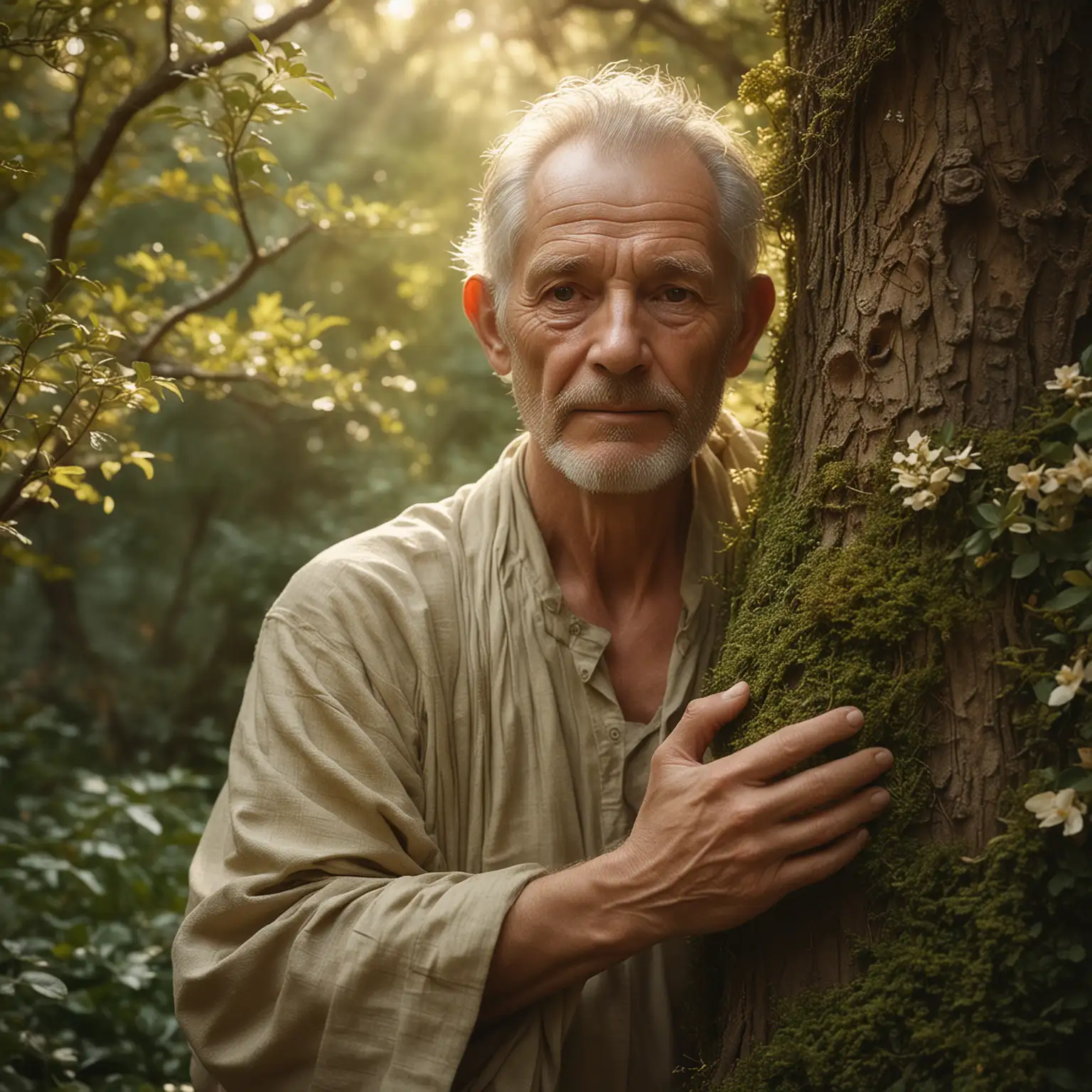Create a serene and peaceful portrait of the Garden — a calm, composed, and wise aged man whose face reflects deep tranquility and compassion. His body gradually transforms into the trunk and branches of a tree, symbolizing timeless connection with nature. The man’s eyes are gentle and meditative, his expression serene, as soft morning light filters through leaves growing from his shoulders and arms. His skin carries the texture of bark, and delicate flowers or moss bloom subtly along his form. The background is a quiet garden bathed in golden mist, evoking peace, stillness, and ancient wisdom. hyperrealistic, poetic lighting, soft focus, cinematic tone, warm earthy palette, ethereal mood, spiritual symbolism