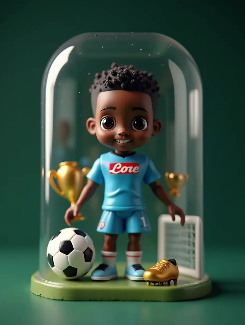 A toy-like Victor Osimhen action figure inside a retail-style plastic packaging, wearing a Napoli football kit, surrounded by miniature football accessories like a ball, goalpost, golden boot, and a small trophy. Cute, cartoonish style, soft lighting, high detail, inspired by collectible doll designs similar to Starbucks mascot toy sets, centered on a dark green background.