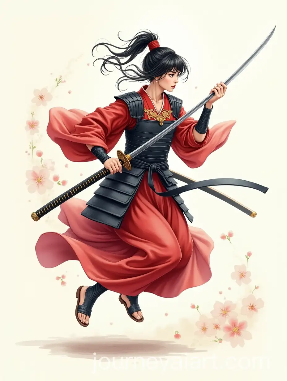 Female-Samurai-in-Traditional-Armor-with-Katana-in-Japanese-Cherry-Blossom-Landscape