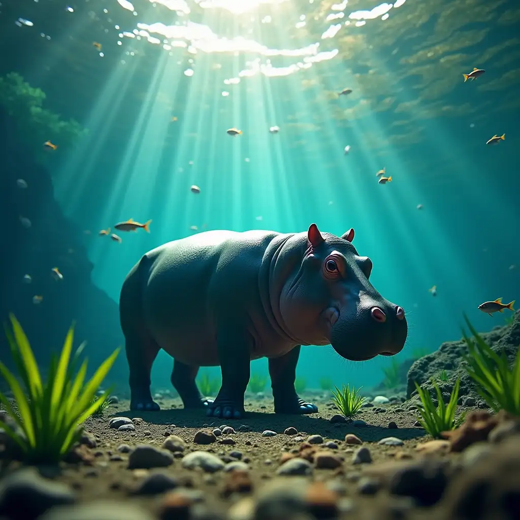 A vibrant 4K underwater image showing a hippo on the riverbed surrounded by small fish and aquatic plants. The hippo’s form is grounded, with detailed textures on its skin. Sunlight illuminates the scene, creating a balanced and lively underwater view.