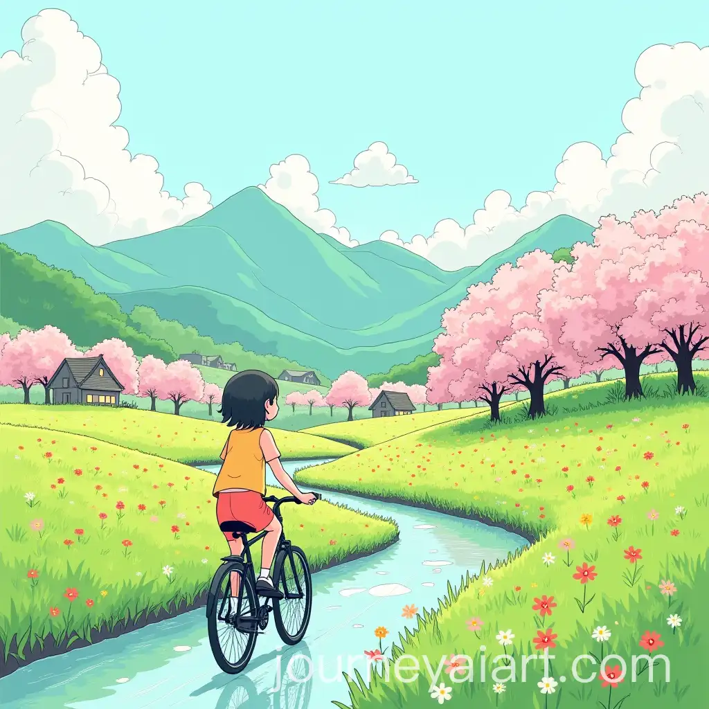 Girl-Riding-Bicycle-Through-Flower-Garden-with-Blooming-Trees-and-Stream-in-Studio-Ghibli-Style