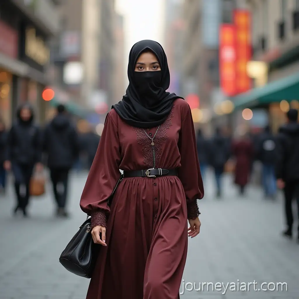 Muslim-Woman-Walking-Down-Street-in-Elegant-Traditional-Dress-with-Covered-Face