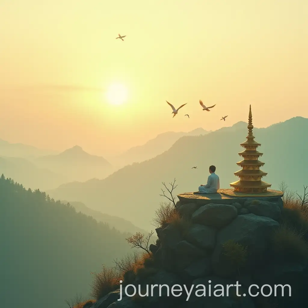 Serene-Mountain-Peak-Meditation-with-Golden-Pagoda-at-Sunrise