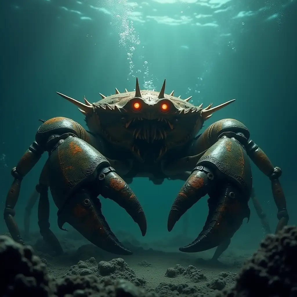 Create a realistic, menacing hybrid creature combining a crab and a scooper (e.g., a mechanical digging machine or a large excavator). The creature should have the large, armored body of a crab, with thick, rugged exoskeleton and sharp, jagged edges. Its legs should be powerful, designed for movement across the sea floor, with large pincers resembling scooper buckets. The scooper arms should be oversized and metallic, with dark, weathered metal and hydraulic joints. Its eyes should be glowing ominously, set above its pincers, giving it a predatory, intelligent look. Position the creature in the murky depths of the water, with the dark, shadowy ocean floor visible beneath. Bubbles should rise from the creature’s movements, and faint light should penetrate the water's surface, creating a mysterious and eerie atmosphere. The setting should feel deep and foreboding, with the creature lurking in the abyss, ready to strike.