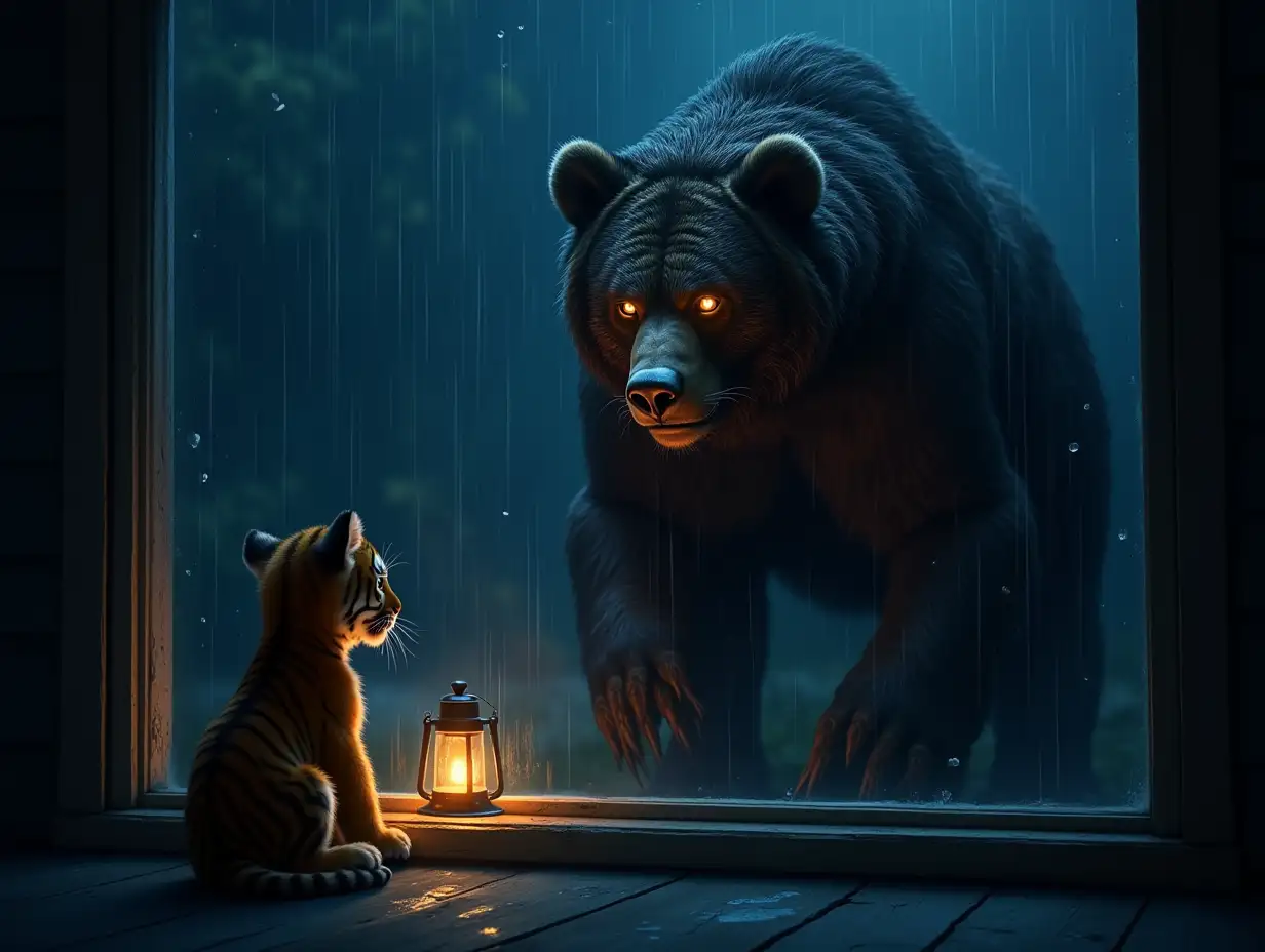 A small tiger cub sits inside a dimly lit house, gazing through a rain-splattered glass window. Outside, in the darkness of the stormy night, a massive, wet bear stands menacingly, its fur drenched and clinging to its muscular frame. Its eyes glow with a mix of desperation and fury as it presses its heavy paws against the fragile glass, leaving streaks of water and claw marks. Raindrops streak down the window, distorting the bear’s enraged expression. The cub’s ears are perked, caught between fear and curiosity. The only light comes from a flickering lantern inside, casting a warm glow on the cub while the bear remains in the cold, blue-toned darkness outside. The title 'Uninvited' is displayed in the image.