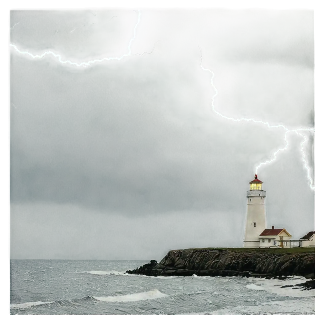 an image of a lighthouse with stormy sea dark sky and a pair of lightning bolts